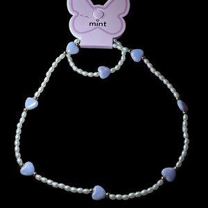 Mint Lavender Heart Pearl-Style Kids Necklace With Matching Bracelet- Purple New